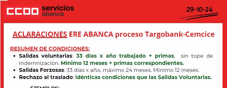 ACLARACIONES ACUERDO ERE ABANCA PROCESO TARGOBANK.CEMCICE